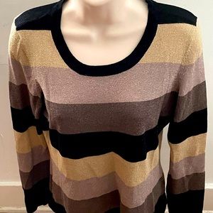 Planet striped lurex gold black pink round neck long sleeve sweater, size S